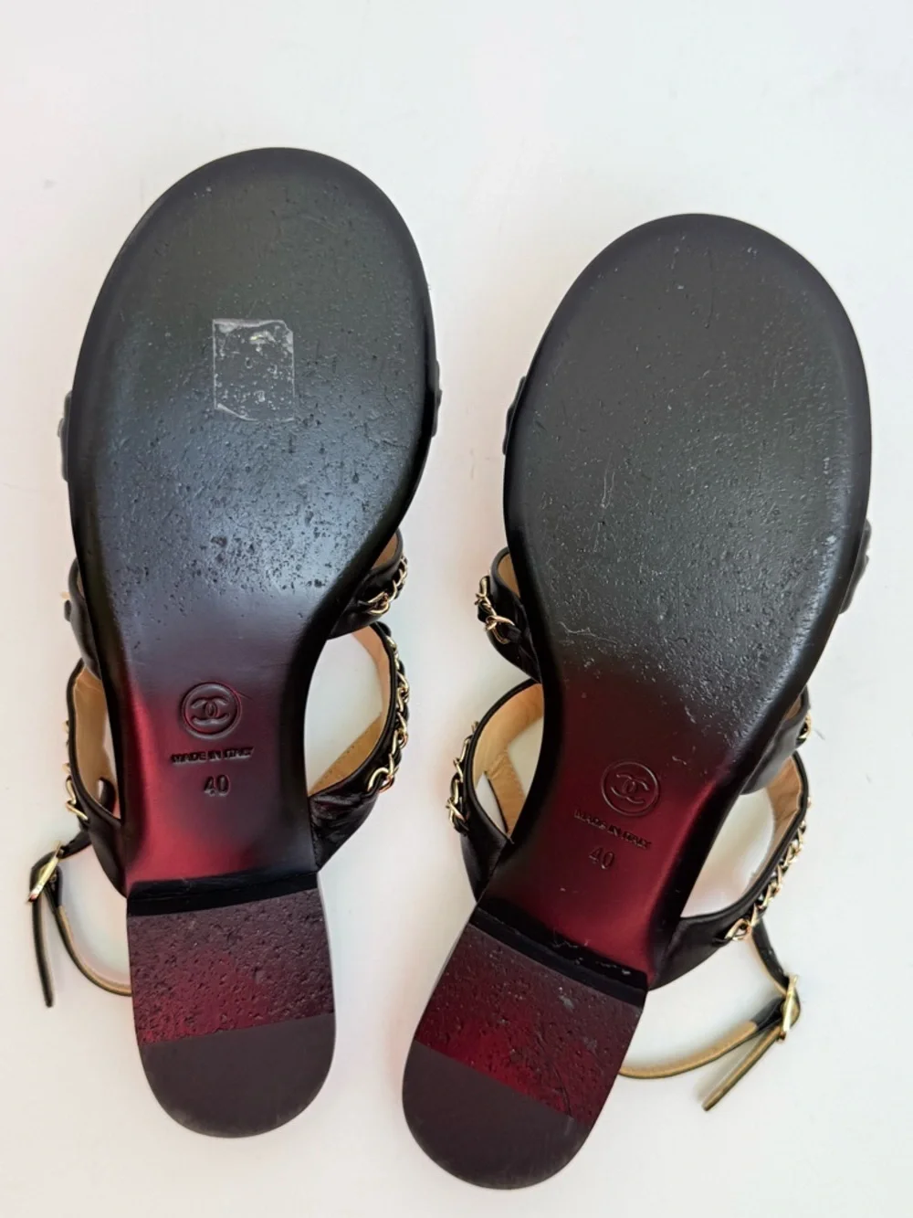 Chanel 22 Logo Chain Strap Lambskin Sandals Black Gold CC EU 40 US 10